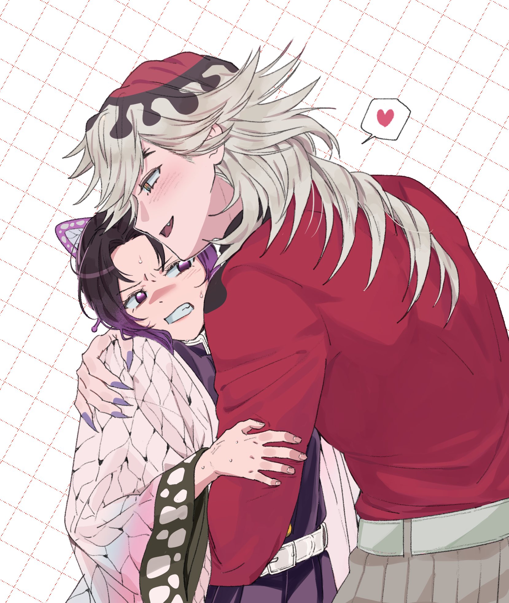 saeng-yang, douma (kimetsu no yaiba), kochou shinobu, kimetsu no yaiba, highres, 1boy, 1girl, animal print, arm around shoulder, belt, black hair, black jacket, black pants, blonde hair, blush, butterfly hair ornament, butterfly print, claws, clenched teeth, demon slayer uniform, fang, fingernails, forked eyebrows, furrowed brow, grey pants, grid background, hair ornament, haori, heart, hetero, jacket, japanese clothes, light blush, open mouth, pants, parted bangs, print haori, purple eyes, purple hair, purple nails, red shirt, sharp fingernails, shirt, sidelocks, spoken heart, struggling, sweatdrop, teeth, upper body, white belt