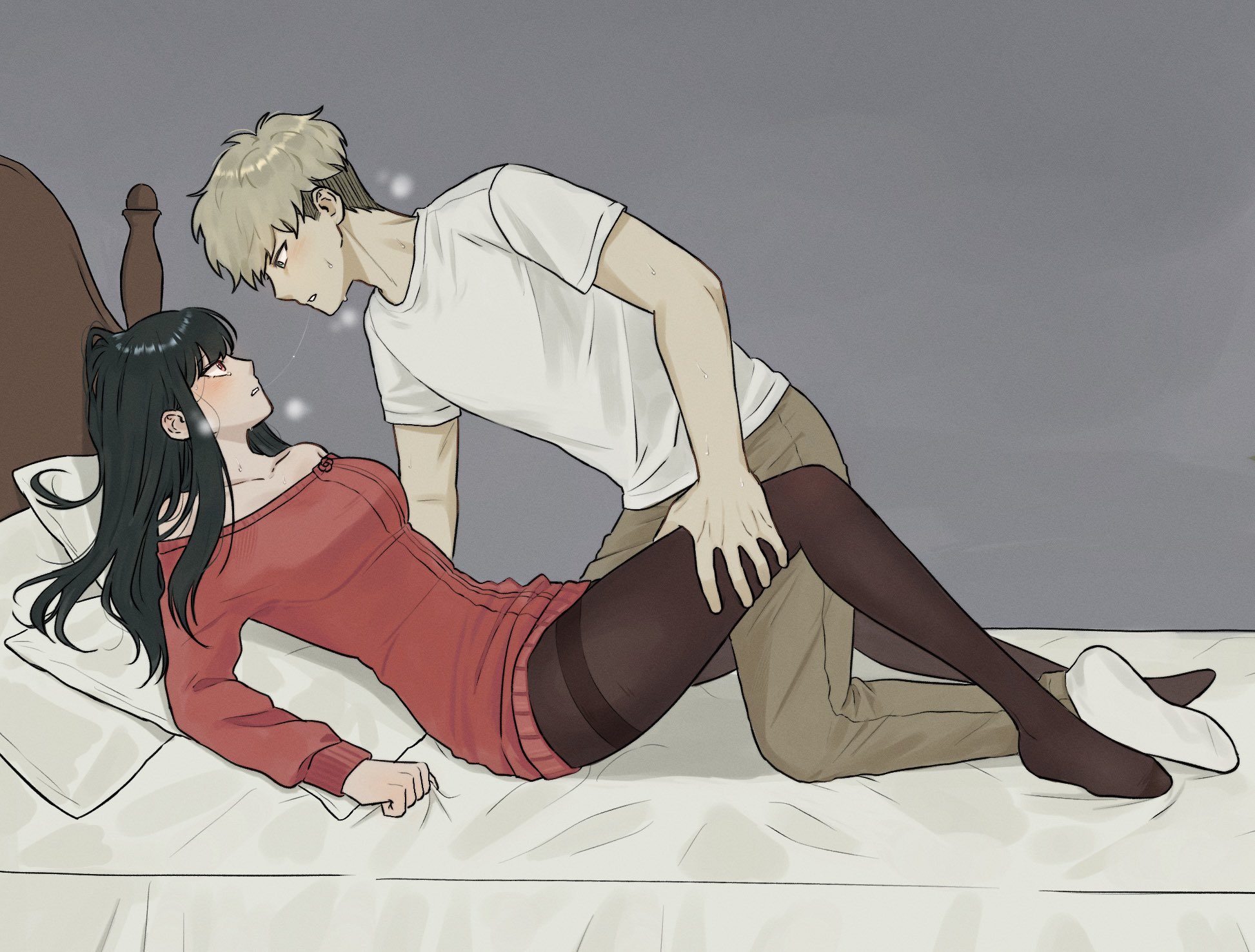 saeng-yang, twilight (spy x family), yor briar, spy x family, highres, 1boy, 1girl, bare shoulders, bed sheet, black hair, black pantyhose, blonde hair, blush, breasts, couple, dress, full body, grey background, grey pants, hand on another's thigh, heavy breathing, hetero, kneeling, long hair, looking at another, medium breasts, no shoes, off-shoulder dress, off shoulder, on bed, pants, pantyhose, parted lips, pillow, reclining, red dress, saliva, saliva trail, shirt, short hair, socks, sweat, sweater, sweater dress, t-shirt, white shirt, white socks