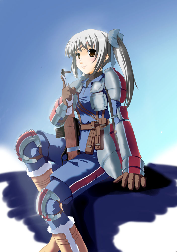 mizuki (mizuki ame), edy nelson, senjou no valkyria, senjou no valkyria (series), senjou no valkyria 1, silver hair, 00s, 1girl, armor, blue ribbon, blush, brown eyes, female focus, gun, long hair, military, military uniform, ribbon, sitting, smile, solo, twintails, weapon