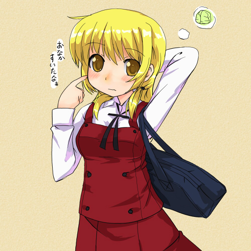 ktsecond, miyako (hidamari sketch), hidamari sketch, beige background, lowres, translated, 00s, 1girl, bag, blonde hair, blush, brown eyes, buttons, cabbage, cowboy shot, dress, female focus, food, handbag, long sleeves, looking at viewer, red dress, school bag, school uniform, short hair, simple background, solo, yellow background