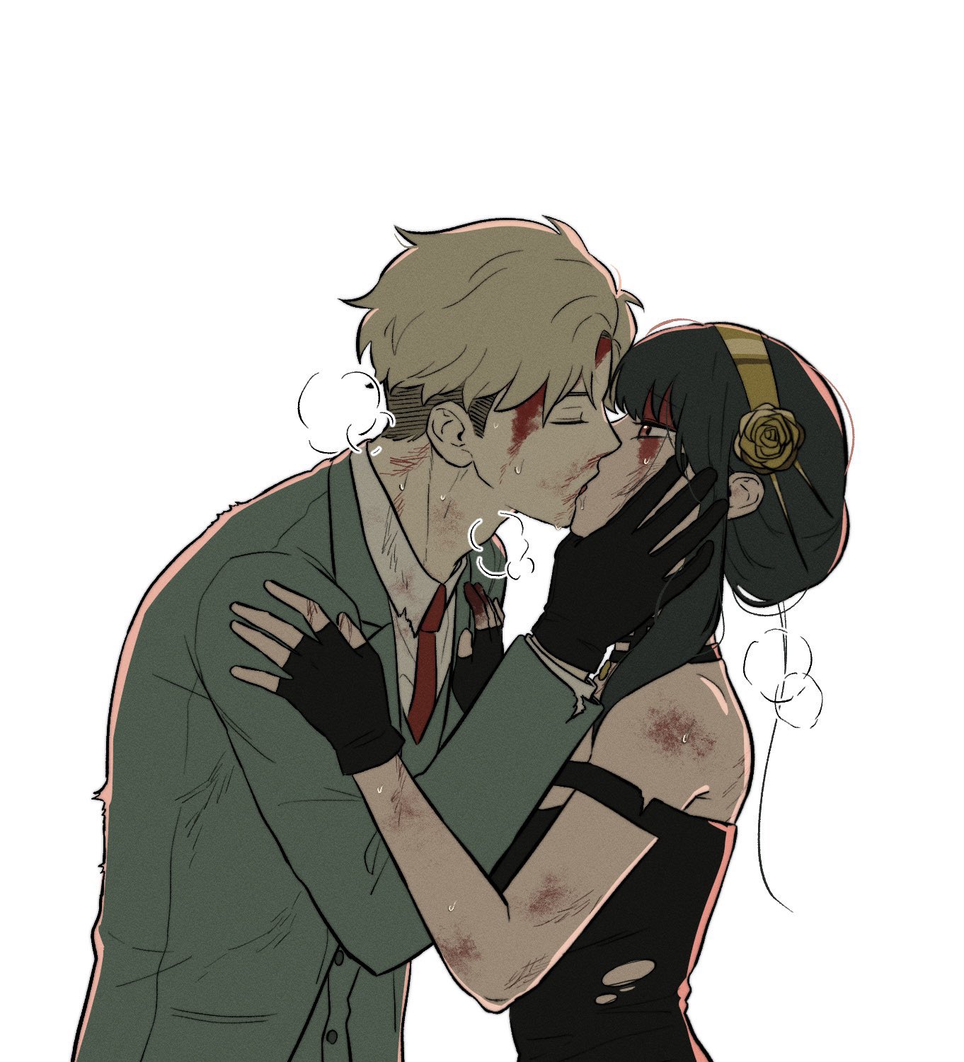 saeng-yang, twilight (spy x family), yor briar, spy x family, highres, 1boy, 1girl, bare shoulders, black dress, black gloves, black hair, blonde hair, blood, blood on face, closed eyes, collared shirt, couple, dress, fingerless gloves, flower, gloves, gold hairband, green jacket, hair flower, hair ornament, hairband, half-closed eyes, hand on another's cheek, hand on another's face, hand on another's shoulder, heavy breathing, hetero, jacket, kiss, long hair, looking at another, necktie, parted bangs, red eyes, red necktie, shirt, short hair, sidelocks, suit jacket, sweat, torn clothes, upper body, vest, waistcoat, white background, white shirt