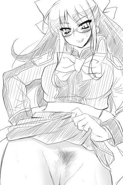 utamaro, blush, breasts, clothes lift, female pubic hair, glasses, greyscale, large breasts, long hair, monochrome, no panties, pubic hair, skirt, skirt lift, smile, uncensored