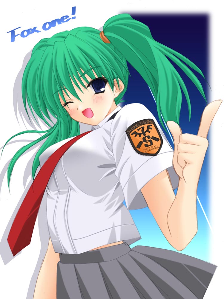 honjo mikaze, stratos 4, artist request, tagme, 00s, green hair, necktie, twintails, wink