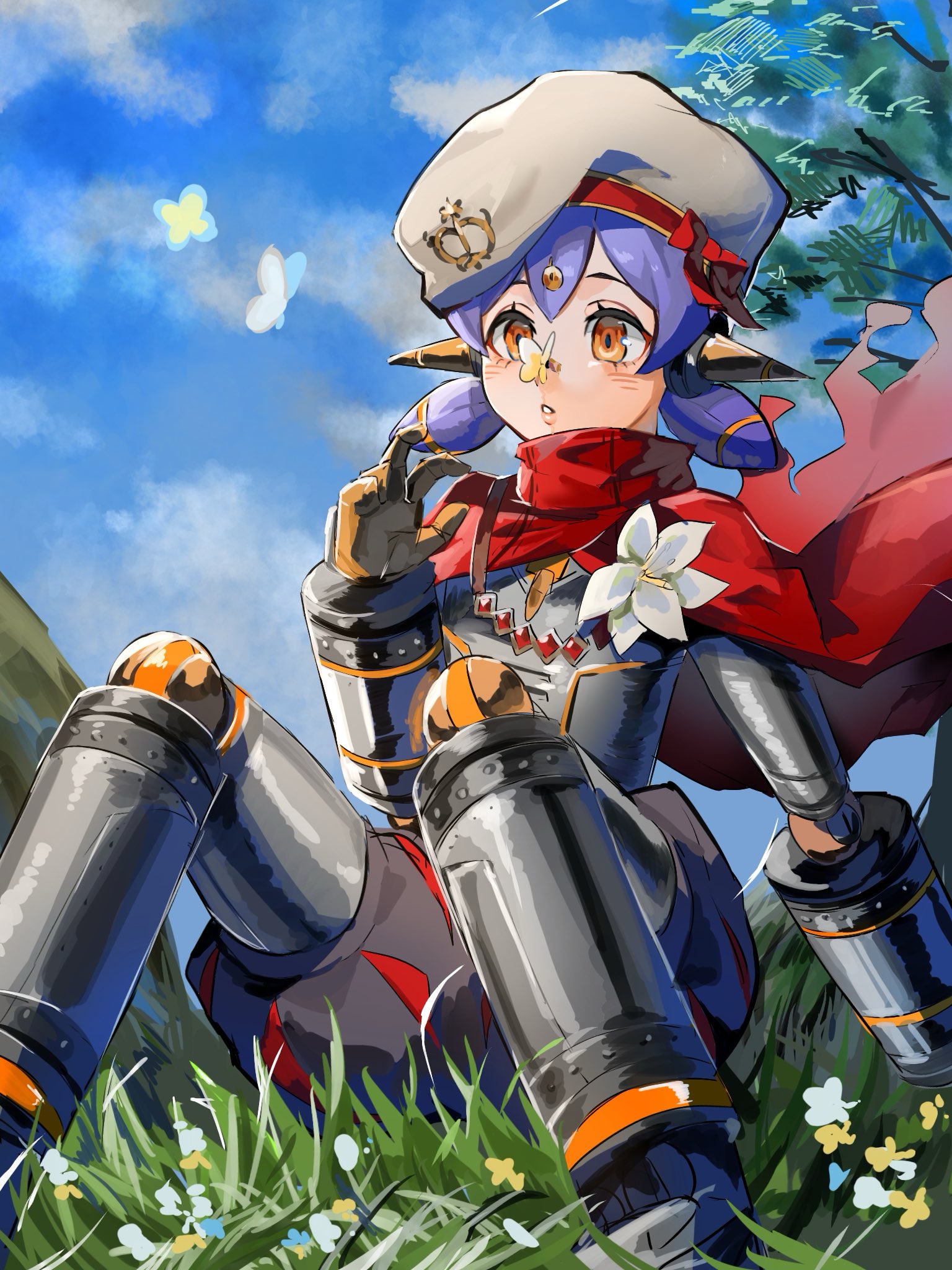 4me3ba niku, poppi (xenoblade), xenoblade chronicles (series), xenoblade chronicles 2, hashtag-only commentary, highres, 1girl, android, blue sky, bug, butterfly, cape, floating cape, hat, insect, joints, on grass, orange eyes, purple hair, red cape, robot joints, sitting, sky, solo, white hat