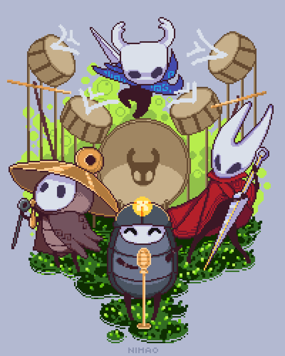 hornet (hollow knight), knight (hollow knight), myla (hollow knight), sherma (hollow knight), hollow knight, hollow knight: silksong, commentary, english commentary, highres, 1boy, 1other, 2girls, ^ ^, arthropod boy, arthropod girl, black eyes, closed eyes, drum, grey background, hat, hollow eyes, horns, instrument, microphone stand, multiple girls, music, nail (hollow knight), needle (hollow knight), needolin (hollow knight), nihaopixelart, pixel art, standing