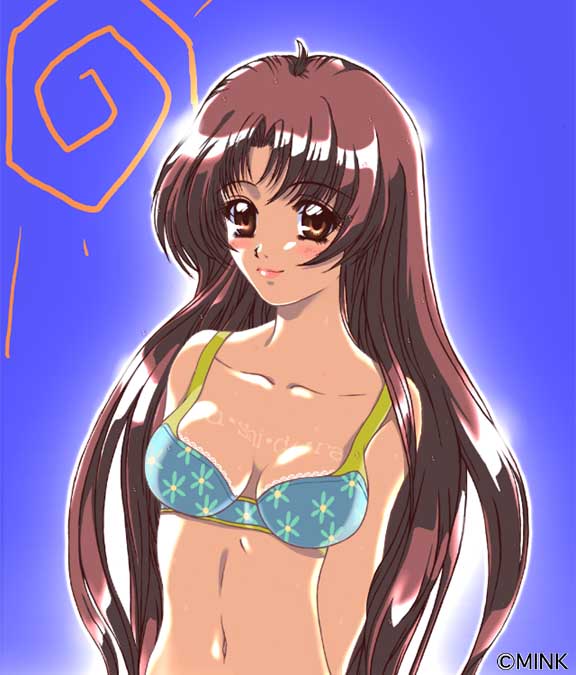 1girl, arms behind back, bikini, blue background, blue bikini, blush, breasts, brown eyes, brown hair, collarbone, floral print, long hair, looking at viewer, medium breasts, midriff, navel, print bikini, smile, standing, sun, swimsuit, upper body