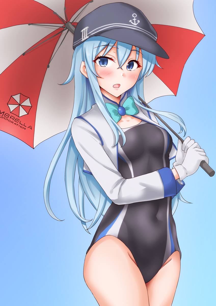 anti (untea9), hibiki (kancolle), kantai collection, highres, 1girl, anchor symbol, badge, black one-piece swimsuit, blue background, blue eyes, blush, breasts, cowboy shot, cropped jacket, flat cap, grey hair, hair between eyes, hat, long hair, long sleeves, looking at viewer, one-piece swimsuit, open mouth, race queen, smile, solo, swimsuit, umbrella, umbrella corporation (logo)
