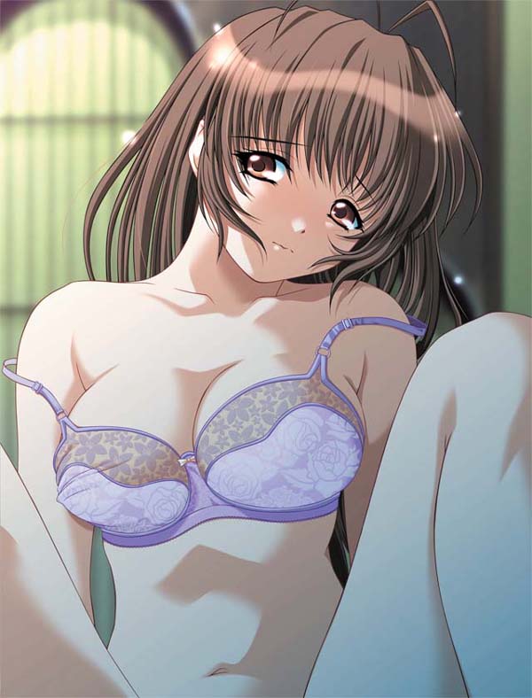 jpeg artifacts, source request, antenna hair, bra, breasts, brown eyes, brown hair, cleavage, lingerie, underwear