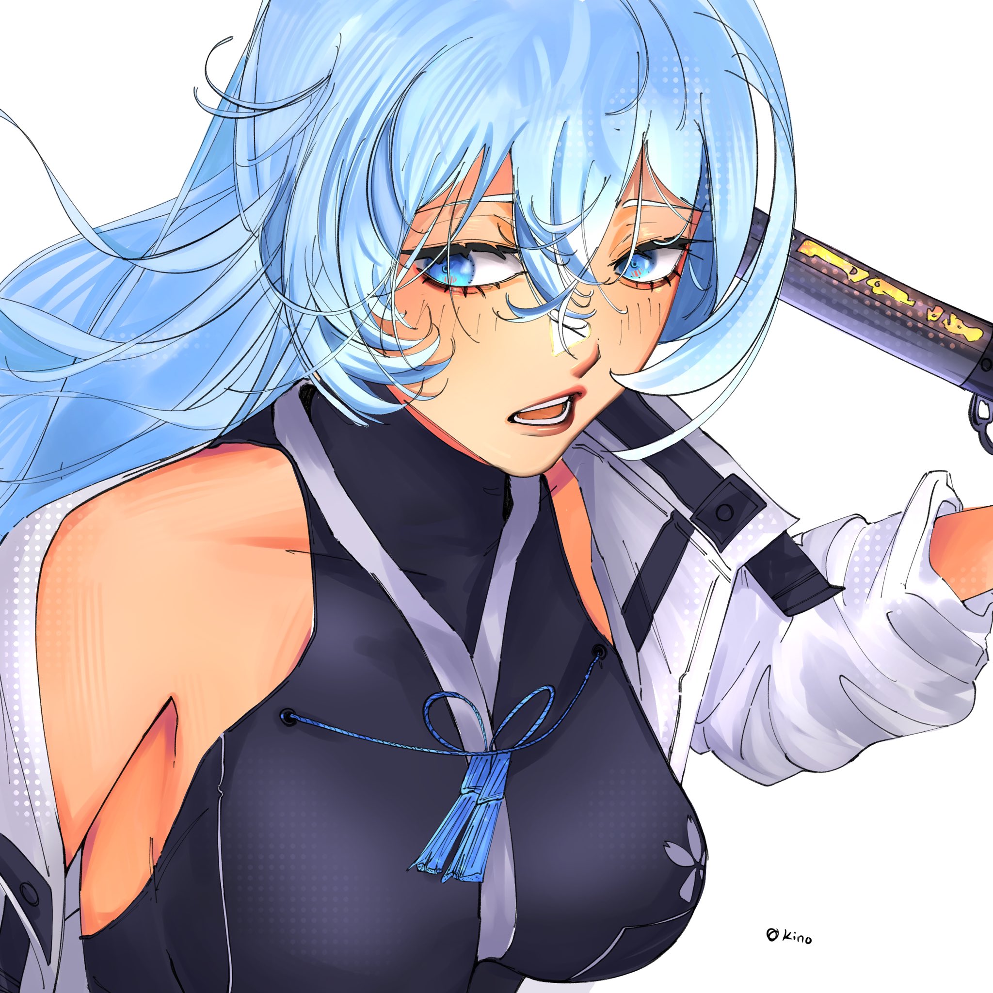 kino kk2, shizuna rem misurugi, eiyuu densetsu, kuro no kiseki (series), kuro no kiseki i, commentary, english commentary, highres, 1girl, artist name, bare shoulders, blue eyes, blue hair, breasts, coat, crossed bangs, double-parted bangs, floating hair, hair between eyes, half updo, holding, holding sword, holding weapon, katana, large breasts, long hair, open clothes, open coat, open mouth, portrait, solo, sword, weapon