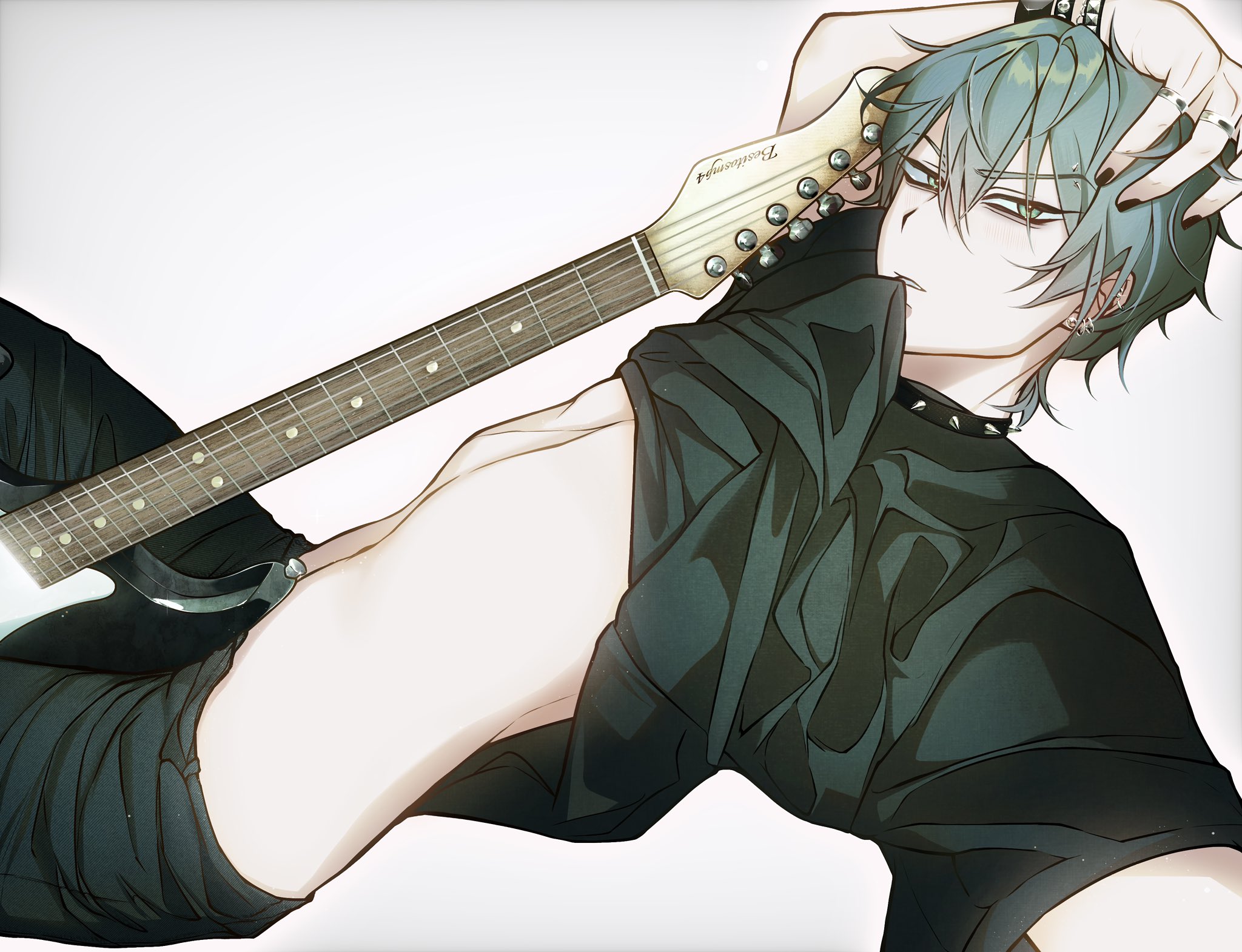 till (alien stage), alien stage, commentary, english commentary, highres, 1boy, aqua eyes, artist name, besitosmp4, black choker, black nails, black pants, black shirt, blue hair, bracelet, choker, clothes lift, denim, ear piercing, earrings, electric guitar, eyebrow piercing, face piercing, fender jazzmaster, from side, guitar, instrument, jeans, jewelry, lifting own clothes, looking at viewer, male focus, mouth hold, multiple rings, navel, pants, piercing, ribs, ring, shirt, shirt lift, short hair, simple background, skinny, solo, spiked choker, spikes, white background