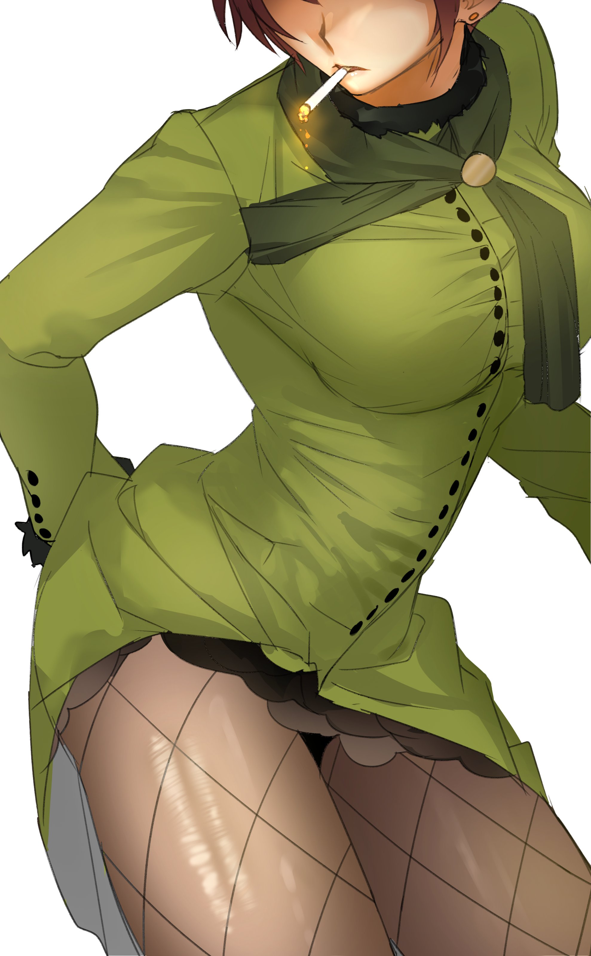 aozaki touko, aozaki touko (mahou tsukai no yoru), mahou tsukai no yoru, absurdres, hashtag-only commentary, highres, 1girl, breasts, brown hair, cigarette, dress, green dress, head out of frame, large breasts, pantyhose, simple background, solo, standing, wasb, white background