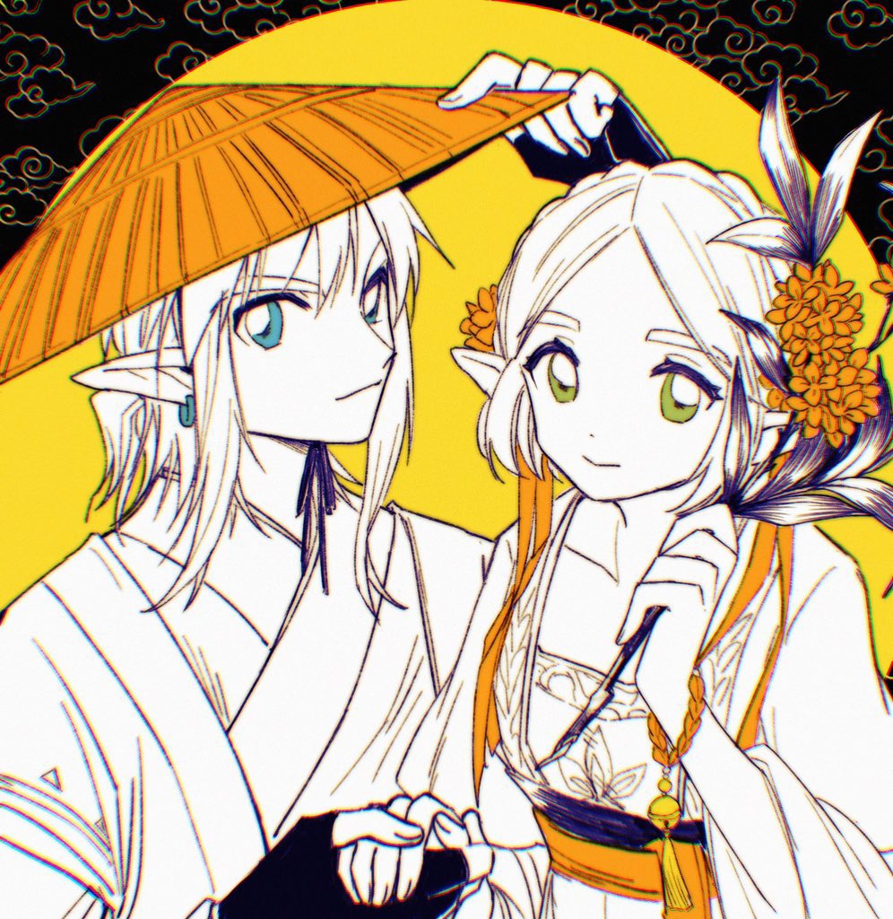 mouyi, nintendo, the legend of zelda, the legend of zelda: breath of the wild, the legend of zelda: tears of the kingdom, 1boy, 1girl, adjusting clothes, adjusting headwear, bell, black gloves, blue eyes, braid, breasts, couple, crown braid, earrings, fingerless gloves, flower, gloves, green eyes, hair flower, hair ornament, hetero, holding, holding flower, holding hands, jewelry, light smile, low ponytail, medium breasts, medium hair, orange flower, parted bangs, pointy ears, ponytail, short hair, sidelocks, tassel, upper body
