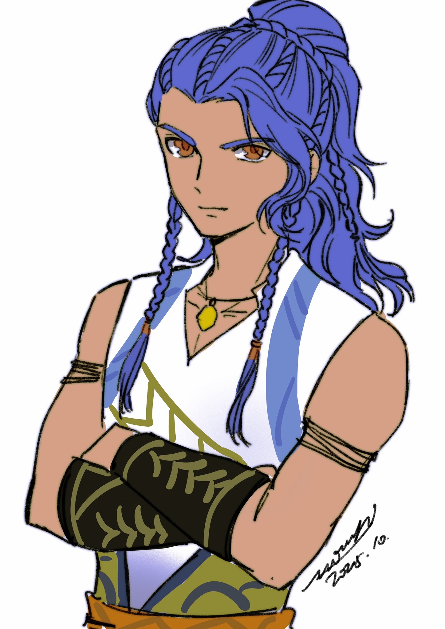 mouyi, bokujou monogatari, highres, 1boy, armband, artist name, bare shoulders, black bracer, blue hair, braid, brown eyes, closed mouth, crossed arms, dated, jewelry, looking at viewer, ludus (bokujou monogatari), male focus, multiple braids, necklace, ponytail, shirt, signature, sketch, sleeveless, sleeveless shirt, solo, tan, wavy hair, white background, white shirt