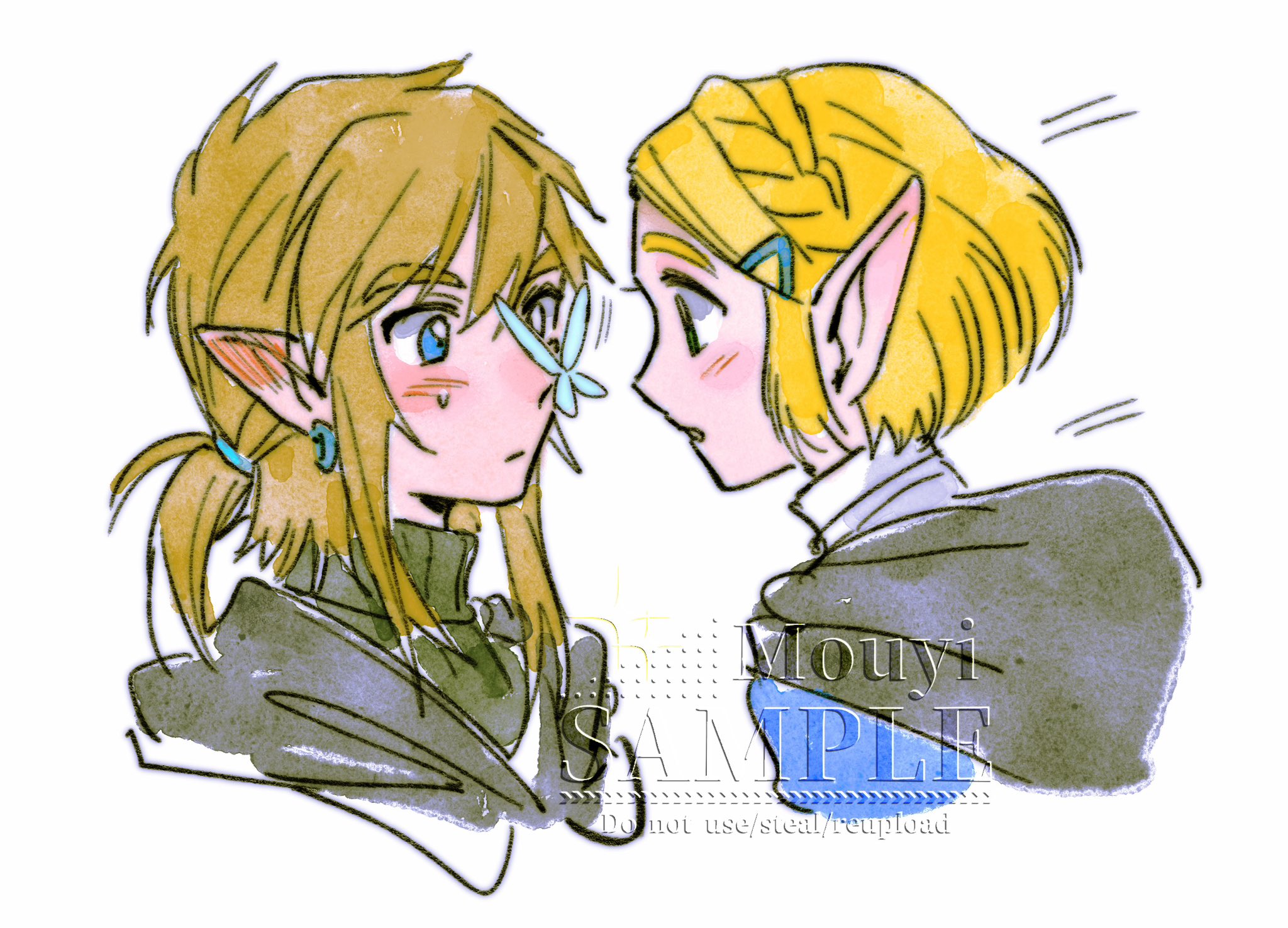 mouyi, link, princess zelda, nintendo, the legend of zelda, the legend of zelda: tears of the kingdom, highres, 1boy, 1girl, artist name, black cloak, black sweater, blonde hair, blue shirt, blush, braid, bug, butterfly, butterfly on nose, cloak, cropped torso, crown braid, ear blush, earrings, hair between eyes, hair ornament, hairclip, hood, hood down, hooded cloak, insect, jewelry, looking at another, low ponytail, medium hair, parted bangs, parted lips, pointy ears, ponytail, sample watermark, shirt, short hair, sidelocks, sweatdrop, sweater, turtleneck, turtleneck sweater, upper body, watermark, white background