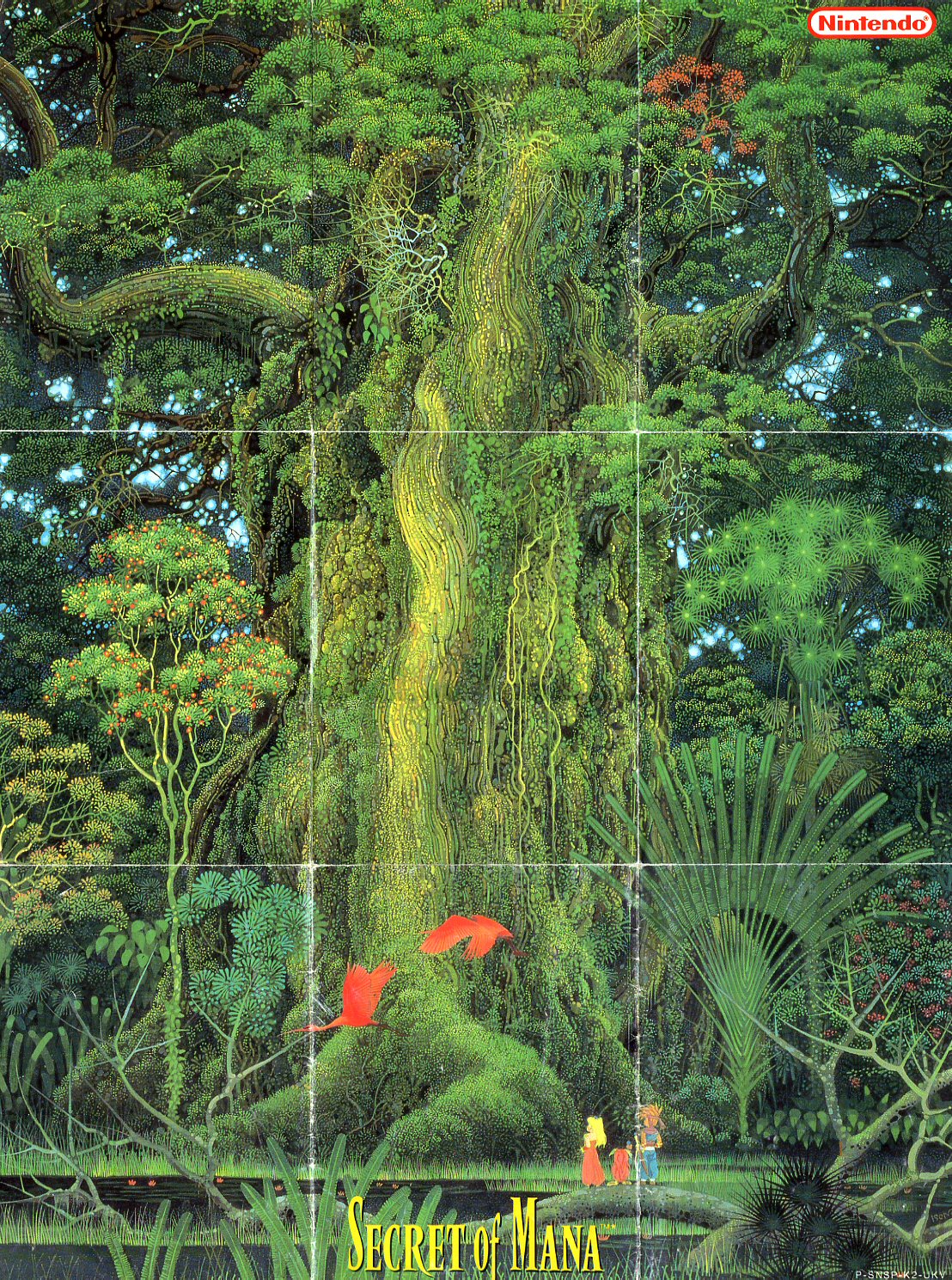 isono hiroo, popoi (seiken densetsu 2), primm (seiken densetsu 2), randi (seiken densetsu 2), seiken densetsu, seiken densetsu 2, square enix, highres, official art, scan, scan artifacts, traditional media, 1girl, 2boys, bird, crane (animal), crease, giant poster, multiple boys, nature, poster (medium), poster (object), retro artstyle, square, tree