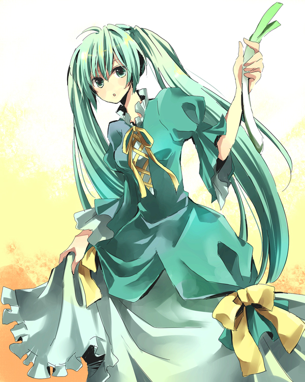 karu, yuzuki karu, hatsune miku, vocaloid, bad id, bad pixiv id, bow, dress, green eyes, green hair, long hair, solo, spring onion, twintails