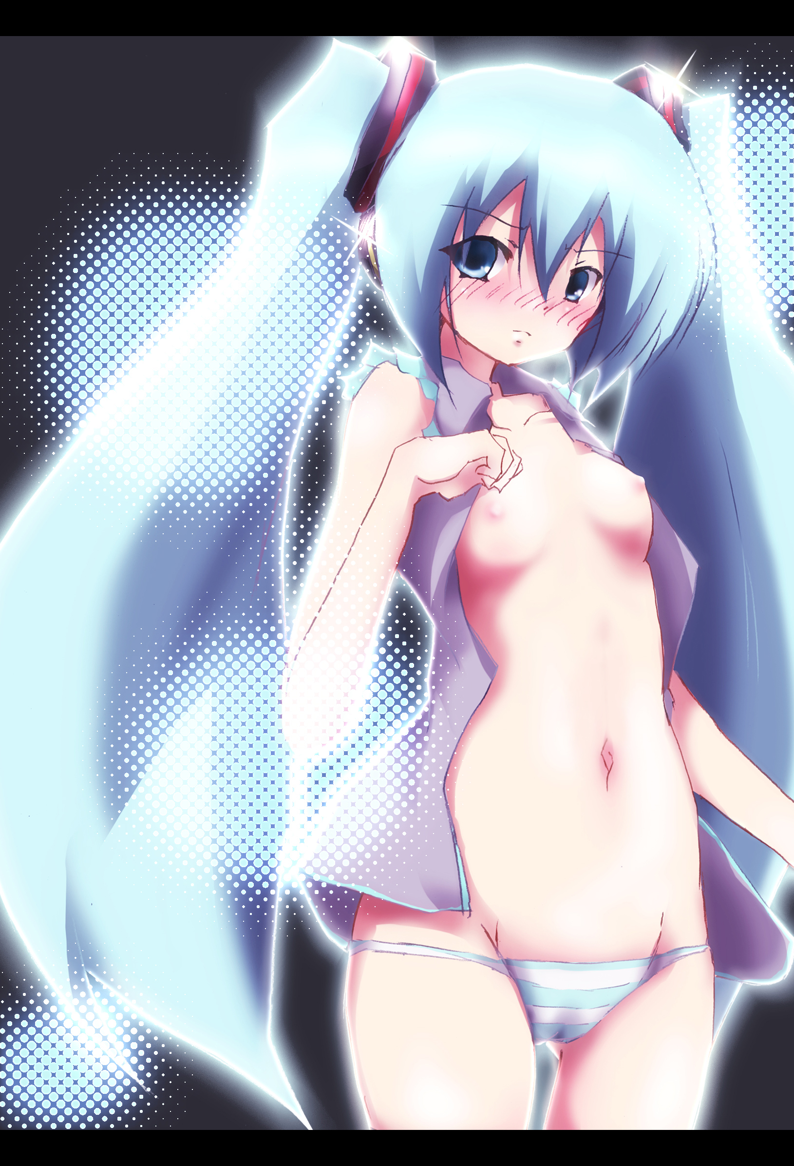 remyu, hatsune miku, vocaloid, highres, 1girl, blue eyes, blue hair, blush, breasts, female focus, long hair, looking at viewer, lowleg, lowleg panties, matching hair/eyes, nipples, open clothes, open shirt, panties, shirt, small breasts, solo, striped clothes, striped panties, thigh gap, thighs, twintails, underwear