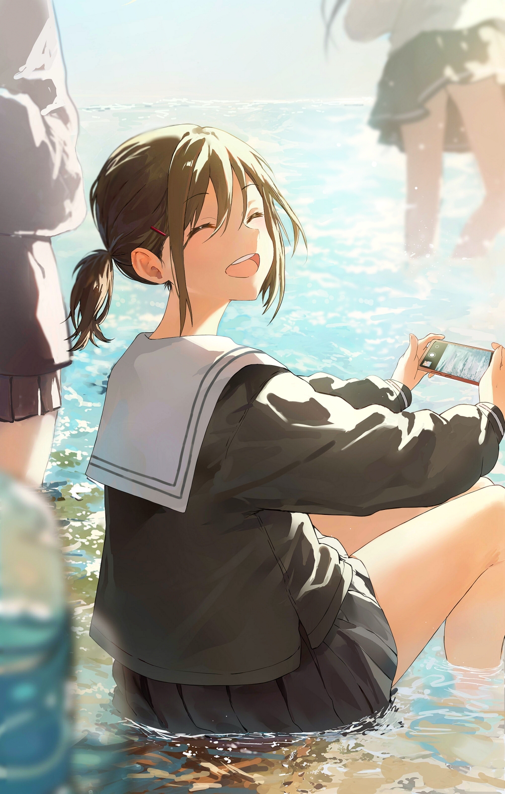 original, commentary request, highres, 3girls, ^ ^, black shirt, black skirt, black sweater, brown hair, cellphone, choppy bangs, closed eyes, day, facing to the side, hair ornament, hairclip, happy, holding, holding phone, horizon, in water, long sleeves, miniskirt, multiple girls, nk (uxye7588), ocean, open mouth, outdoors, outstretched arms, phone, pleated skirt, ponytail, sailor collar, shirt, short hair, short ponytail, sitting, skirt, smartphone, smile, solo focus, sweater, white sailor collar