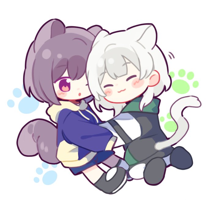 kaname raana, takamatsu tomori, bang dream!, bang dream! it's mygo!!!!!, non-web source, 2girls, animal ears, black shoes, cat ears, cat tail, chibi, chibi only, closed eyes, closed mouth, grey hair, hug, long sleeves, multiple girls, one eye closed, open clothes, shoes, short hair, squirrel tail, tail, white hair