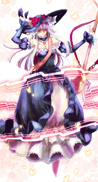 mizuhara mei, virgilia (umineko), umineko no naku koro ni, silver hair, 00s, blue eyes, dress, hime cut, long hair, polearm, smothered mate, spear, spear the gungnir, weapon