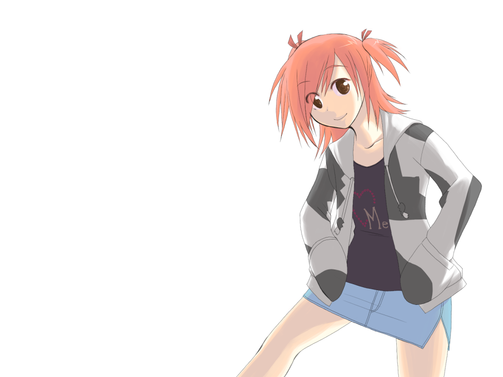 sasaki makie, mahou sensei negima!, 00s, 1girl, collarbone, contrapposto, female focus, hands on own hips, jacket, long sleeves, looking at viewer, open clothes, open jacket, red eyes, red hair, ribbon, shirt, simple background, skirt, solo, standing, t-shirt, white background