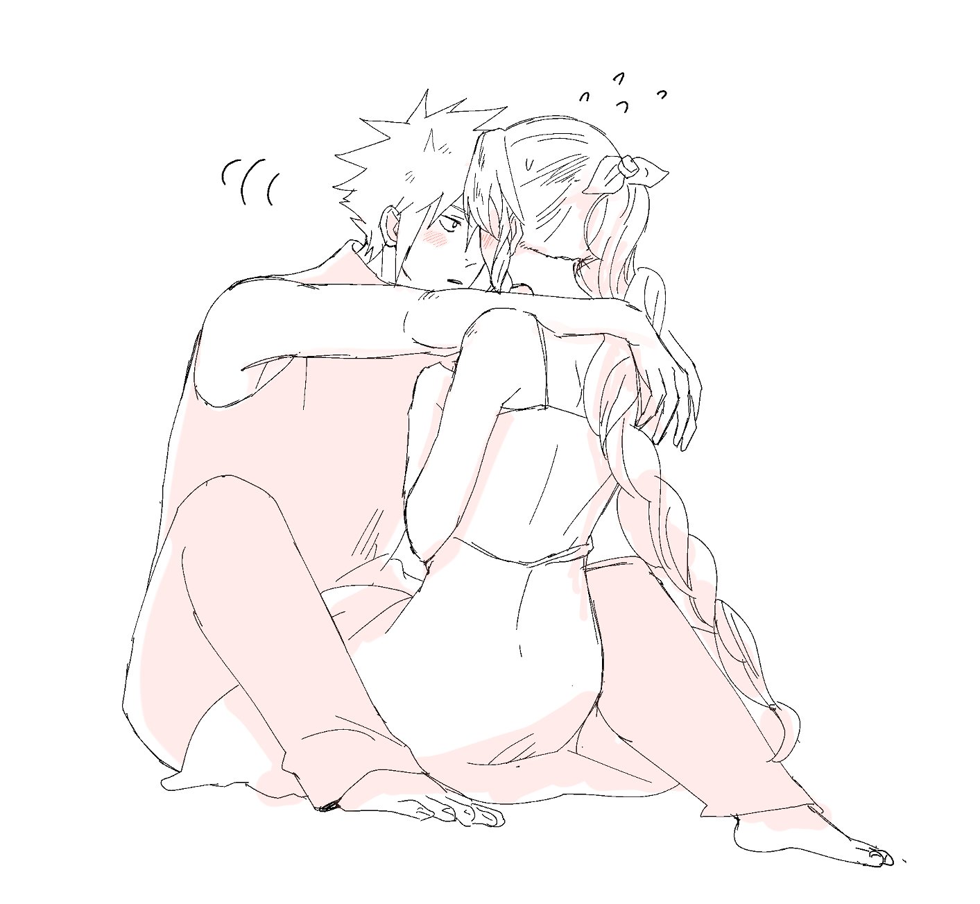 nmyuo, aerith gainsborough, cloud strife, final fantasy, final fantasy vii, final fantasy vii remake, highres, 1boy, 1girl, arms around neck, bare arms, bare shoulders, barefoot, blush, braid, braided ponytail, couple, dress, full body, hair ribbon, hetero, kneeling, long dress, long hair, looking at another, pants, parted lips, ribbon, short hair, sidelocks, single braid, sitting, sketch, sleeveless, sleeveless dress, sleeveless turtleneck, spaghetti strap, spiked hair, sweatdrop, turtleneck, white background