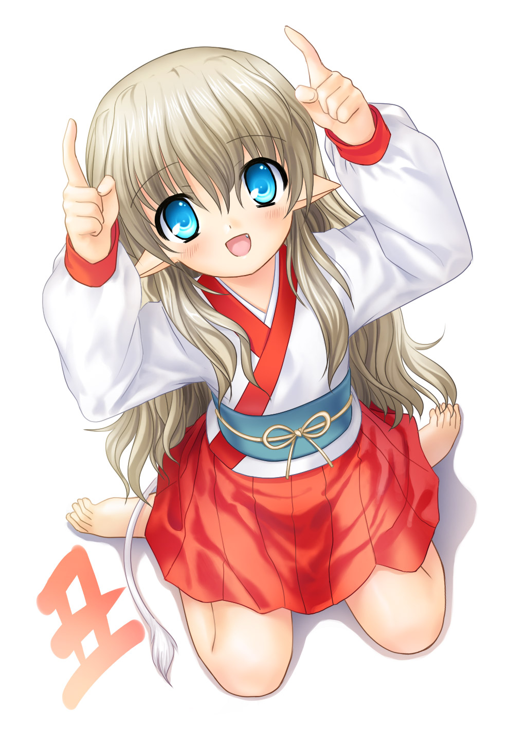 na-ga, highres, barefoot, blush, fang, feet, from above, japanese clothes, kimono, kimono skirt, kneeling, long hair, looking up, new year, pointy ears, skirt, smile, solo, tail