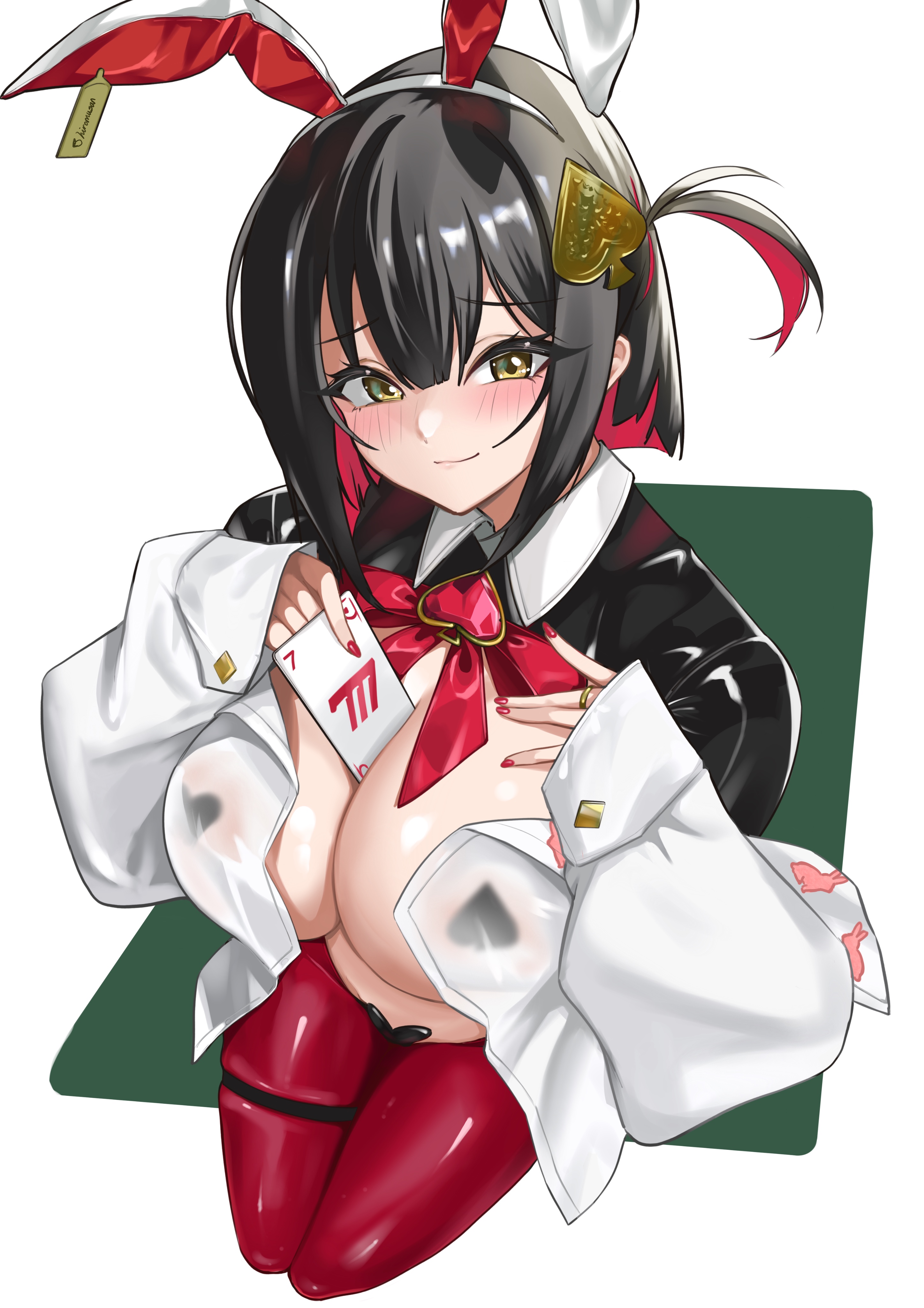 hiromusan, rouge (nikke), rouge (unlucky rabbit) (nikke), goddess of victory: nikke, absurdres, commentary request, highres, variant set, 1girl, animal ear hairband, animal ears, animal print, between breasts, black hair, black shrug, blush, bow, breasts, card, card between breasts, cleavage, closed mouth, colored inner hair, fake animal ears, frontless outfit, hair between eyes, hair ornament, hairband, heart maebari, hiphighs, holding, holding card, jewelry, large breasts, latex shrug, long sleeves, looking at viewer, maebari, mismatched pasties, multicolored hair, off shoulder, official alternate costume, one side up, open clothes, open shirt, pasties, playing card, rabbit ear hairband, rabbit ears, rabbit print, red bow, red hair, red hiphighs, red nails, reverse bunnysuit, reverse outfit, ring, shirt, short hair, shrug (clothing), sidelocks, sitting, skindentation, smile, solo, spade brooch, spade hair ornament, spade pasties, stomach, thigh strap, white shirt, yellow eyes