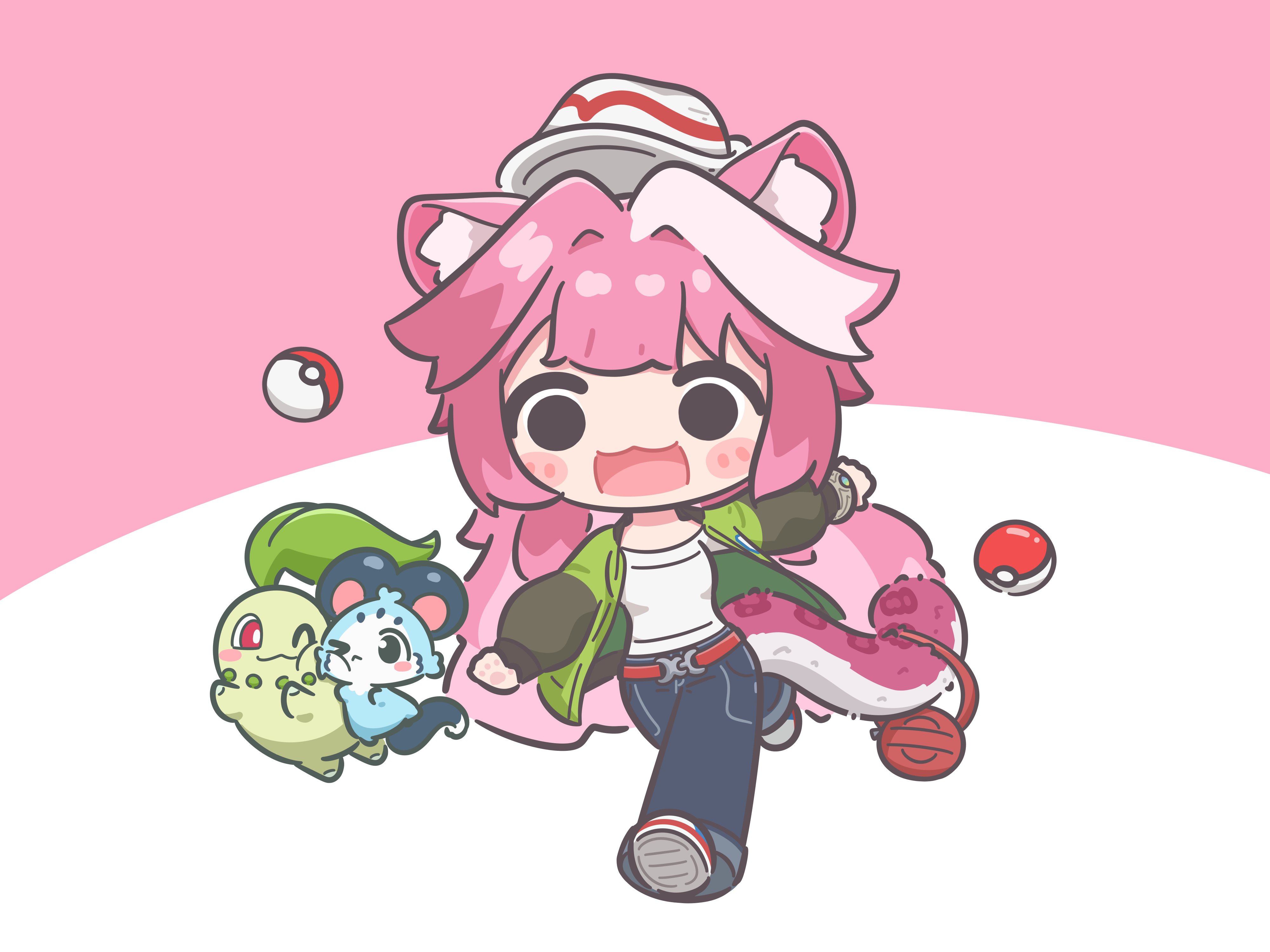 mpien, chattino (raora panthera), chikorita, raora panthera, hololive, hololive english, nintendo, pokemon, absurdres, commentary, english commentary, highres, > o, 1girl, :3, alternate costume, animal ears, bag, belt, blush stickers, bracelet, cheek-to-cheek, gen 2 pokemon, hair intakes, hat, heads together, jewelry, multicolored hair, one eye closed, open mouth, panther ears, panther girl, panther tail, pink hair, poke ball, red eyes, smile, solo, streaked hair, tail, virtual youtuber, white hair