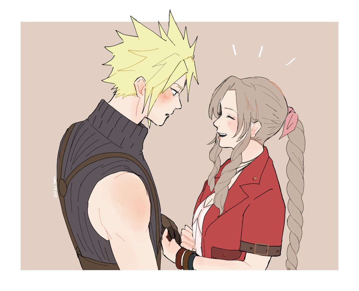 nmyuo, aerith gainsborough, cloud strife, final fantasy, final fantasy vii, final fantasy vii remake, 1boy, 1girl, bangle, belt, blonde hair, blush, border, bracelet, braid, braided ponytail, breasts, brown background, brown belt, brown hair, cleavage, closed eyes, couple, dress, gloves, hair ribbon, hetero, holding hands, jacket, jewelry, long hair, looking at another, medium breasts, necklace, open mouth, parted bangs, pink dress, pink ribbon, red jacket, ribbon, short hair, short sleeves, sidelocks, single bare shoulder, single braid, sketch, sleeveless, sleeveless turtleneck, smile, spiked hair, suspenders, turtleneck, white border