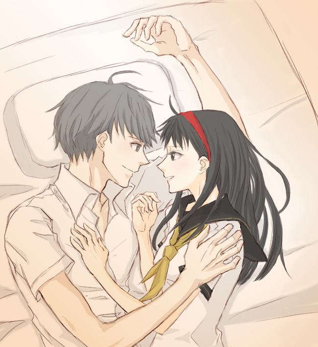 gogono pan'ya, amagi yukiko, narukami yu, atlus, persona, persona 4, 1boy, 1girl, bed, black hair, couple, hetero, long hair