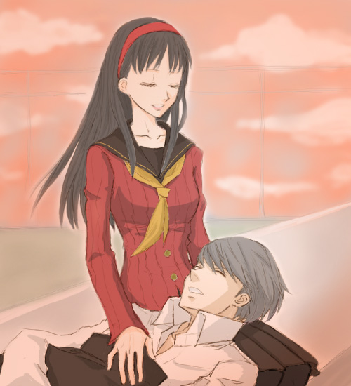 gogono pan'ya, amagi yukiko, narukami yu, atlus, persona, persona 4, 1boy, 1girl, black hair, couple, hetero, lap pillow, long hair, nap, pantyhose, school uniform, sleeping