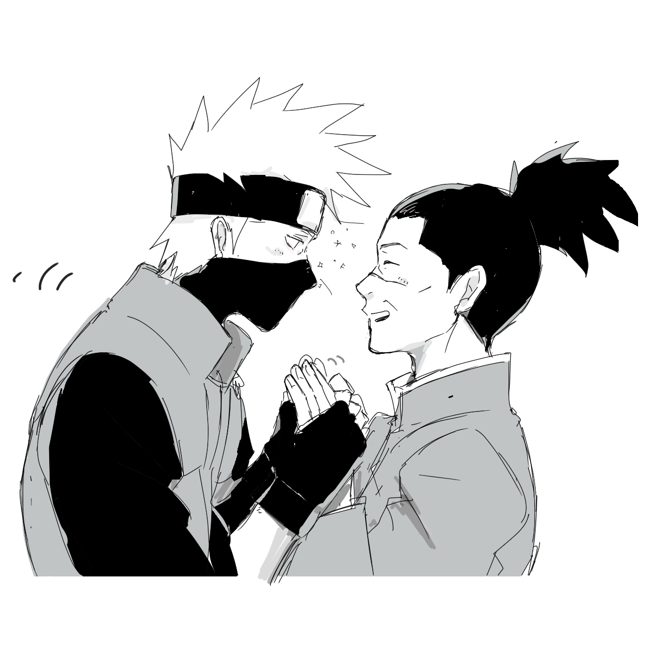 nmyuo, hatake kakashi, umino iruka, naruto (series), highres, 2boys, black gloves, black hair, black headband, black mask, black shirt, closed eyes, fingerless gloves, gloves, greyscale, headband, holding hands, laughing, light blush, looking at another, male focus, mask, medium hair, monochrome, mouth mask, multiple boys, open mouth, ponytail, profile, scar, scar on face, scar on nose, shirt, short hair, upper body, vest, white background, white hair, yaoi