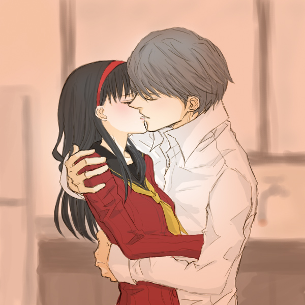 gogono pan'ya, amagi yukiko, narukami yu, atlus, persona, persona 4, 1boy, 1girl, black hair, couple, grey hair, hetero, hug, kiss, long hair, necktie, school uniform, shirt, short hair, tiara, white shirt