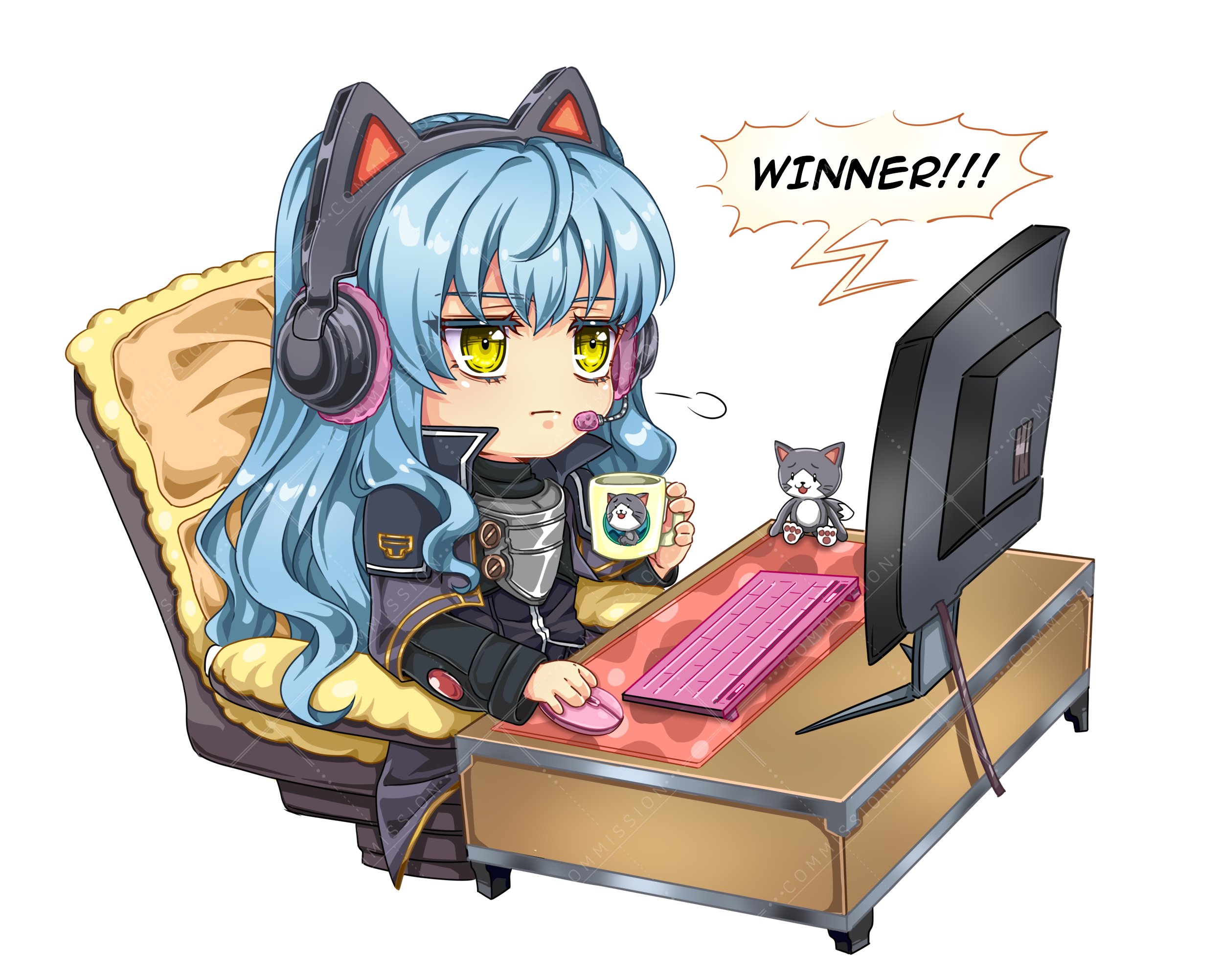 yuzukiyo, mishy, tio plato, ao no kiseki, eiyuu densetsu, zero no kiseki, commentary, commission, english commentary, highres, 1girl, ahoge, animal ear headphones, animal ears, armor, blue hair, breastplate, capelet, cat ear headphones, cat ears, chair, computer keyboard, computer mouse, cup, double-parted bangs, english text, fake animal ears, hair between eyes, headphones, headset, high collar, holding, holding computer mouse, holding cup, long hair, long sleeves, mascot, monitor, simple background, sitting, solo, speech bubble, stuffed animal, stuffed cat, stuffed toy, swivel chair, upper body, white background, yellow eyes