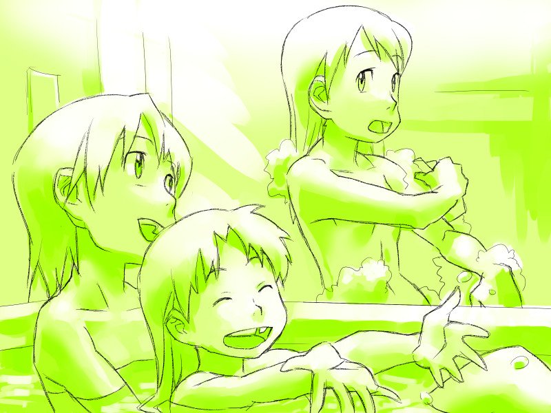 baariya, hashimoto fumie, okonogi kyouko, okonogi yuuko, dennou coil, 00s, 3girls, bath, green theme, happy, missing tooth, monochrome, multiple girls, nude, smile