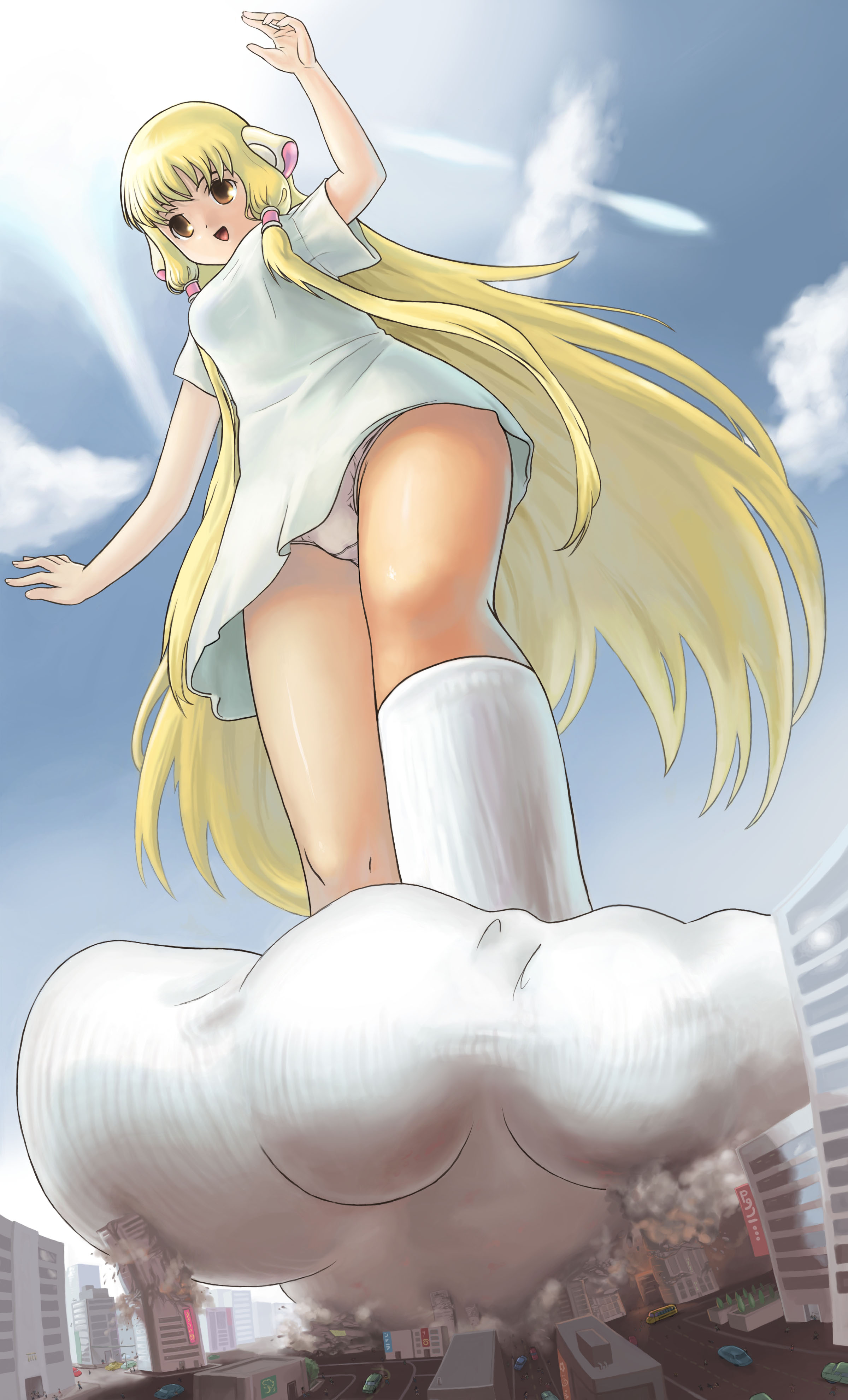 pogojo, chii, chobits, absurdres, highres, 00s, 1girl, city, feet, female focus, giant, giantess, huge giantess, panties, pantyshot, socks, solo, underwear