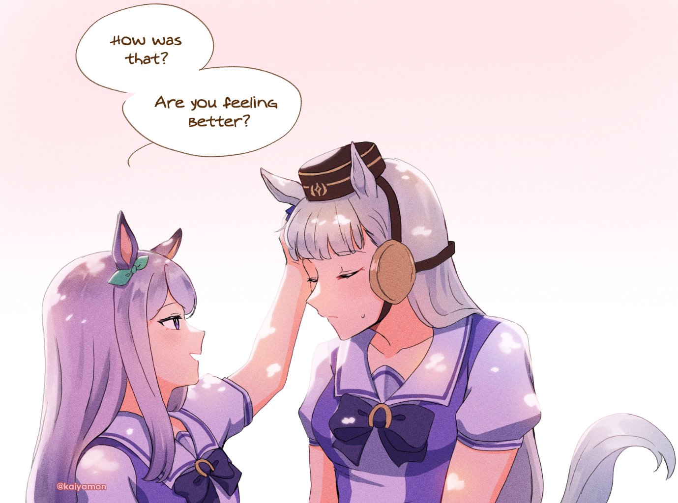 kaiyamon, gold ship (umamusume), mejiro mcqueen (umamusume), umamusume, commentary, english commentary, 2girls, animal ears, blunt bangs, bow, bowtie, brown hat, closed eyes, closed mouth, ear bow, english text, green bow, grey hair, hand on another's head, hat, horse ears, horse girl, horse tail, long hair, multiple girls, open mouth, purple bow, purple bowtie, purple eyes, purple hair, purple sailor collar, purple shirt, sailor collar, sailor shirt, school uniform, shirt, summer uniform, tail, tracen school uniform, twitter username, upper body, yuri