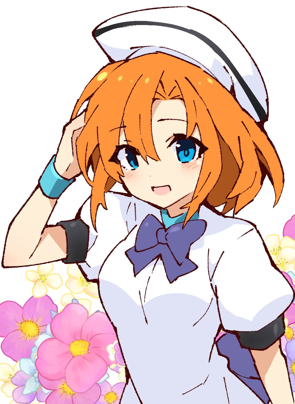 suzuragi karin, ryuuguu rena, higurashi no naku koro ni, commentary request, highres, 1girl, blue bow, blue bowtie, blue eyes, blue pupils, bow, bowtie, hat, looking at viewer, open mouth, orange hair, shirt, short sleeves, solo, standing, white background, white hat, white shirt