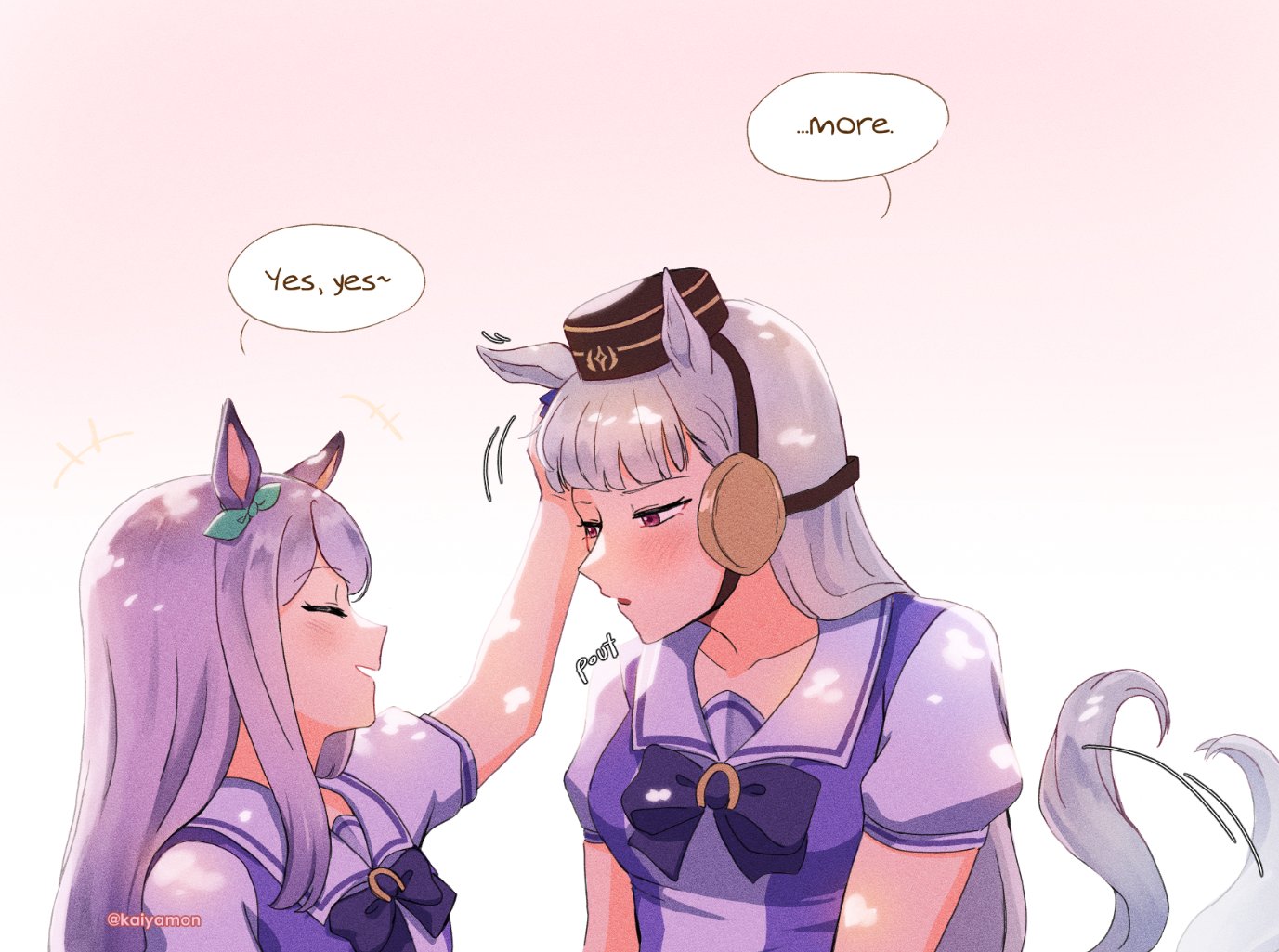 kaiyamon, gold ship (umamusume), mejiro mcqueen (umamusume), umamusume, commentary, english commentary, 2girls, animal ears, blunt bangs, bow, bowtie, brown hat, closed eyes, closed mouth, ear bow, english text, green bow, grey hair, hand on another's head, hat, headpat, horse ears, horse girl, horse tail, long hair, multiple girls, open mouth, purple bow, purple bowtie, purple eyes, purple hair, purple sailor collar, purple shirt, sailor collar, sailor shirt, school uniform, shirt, summer uniform, tail, tail wagging, tracen school uniform, twitter username, upper body, yuri