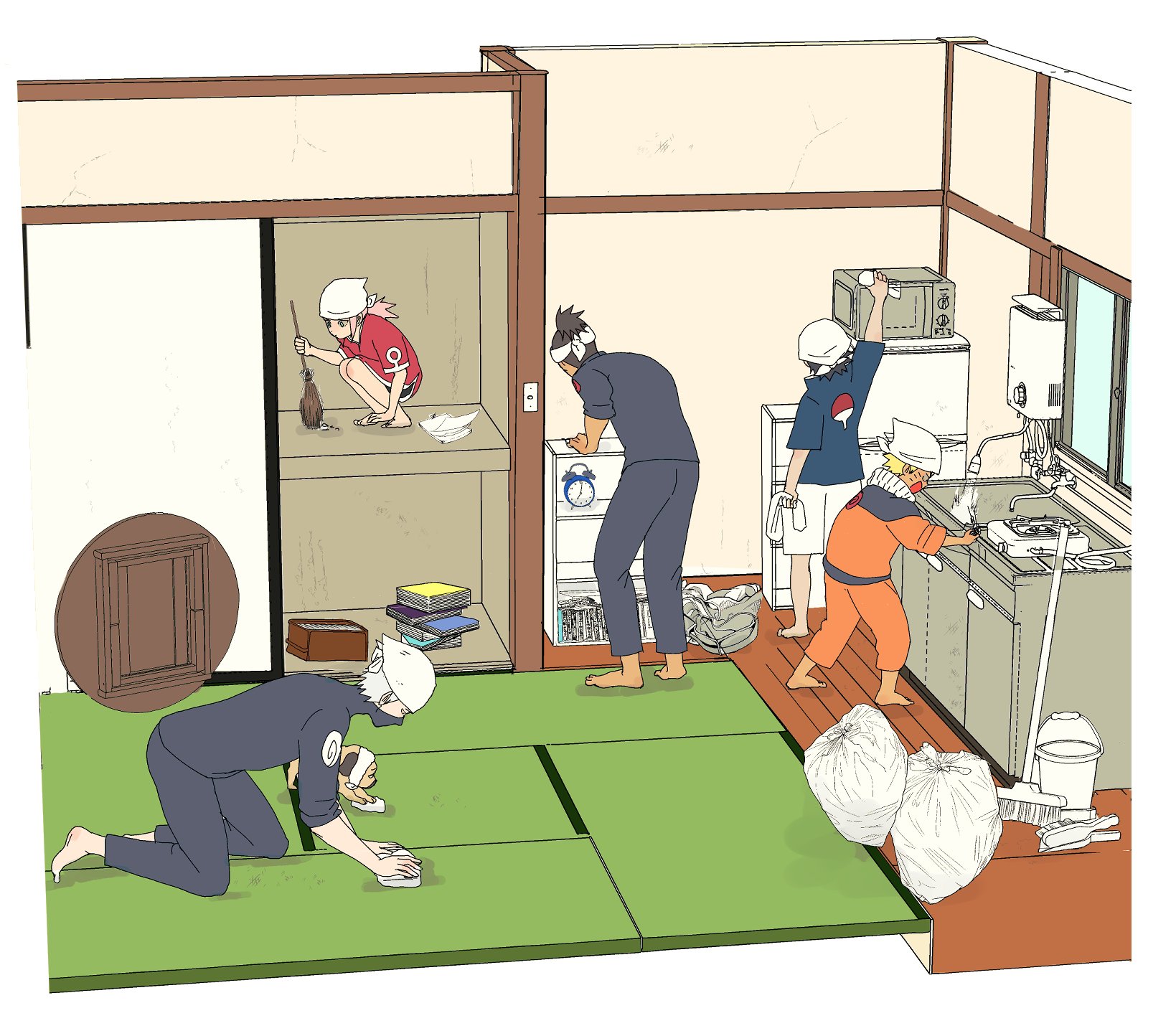nmyuo, haruno sakura, hatake kakashi, pakkun (naruto), uchiha sasuke, umino iruka, uzumaki naruto, naruto (series), highres, 1girl, 4boys, alarm clock, all fours, barefoot, black hair, black mask, black pants, black shirt, black shorts, blonde hair, blue jacket, bookshelf, broom, bucket, cleaning, clock, dog, dress, facial mark, full body, headscarf, holding, holding broom, holding rag, indoors, jacket, jumpsuit, kitchen, mask, microwave, mouth mask, multiple boys, open mouth, orange jumpsuit, orange pants, pants, pink hair, red dress, shirt, shoes, shorts, sink, squatting, sweeping, trash bag, whisker markings, white hair, white headscarf, white shoes
