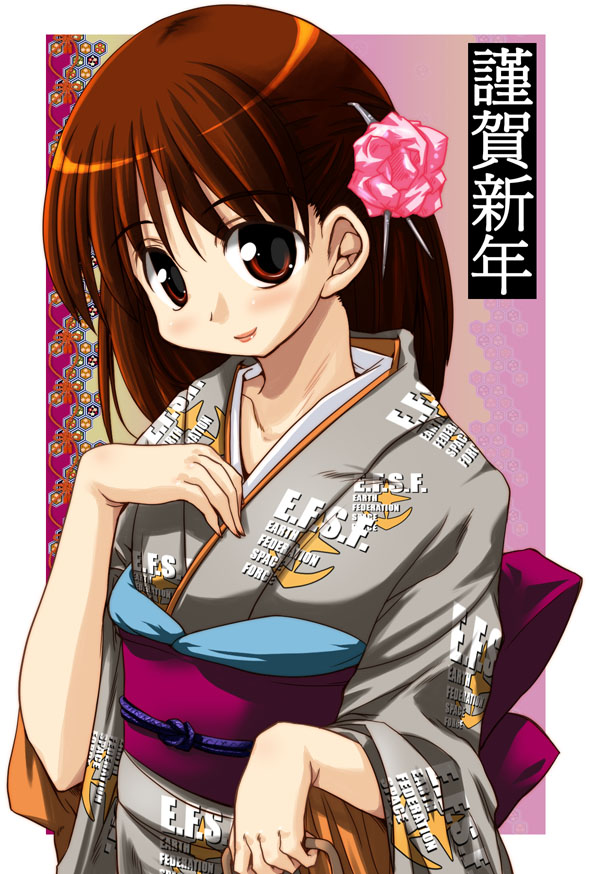 hirowa nagi, noel anderson, gundam, gundam lost war chronicles, 1girl, brown eyes, brown hair, female focus, hair ornament, japanese clothes, lipstick, makeup, smile, solo