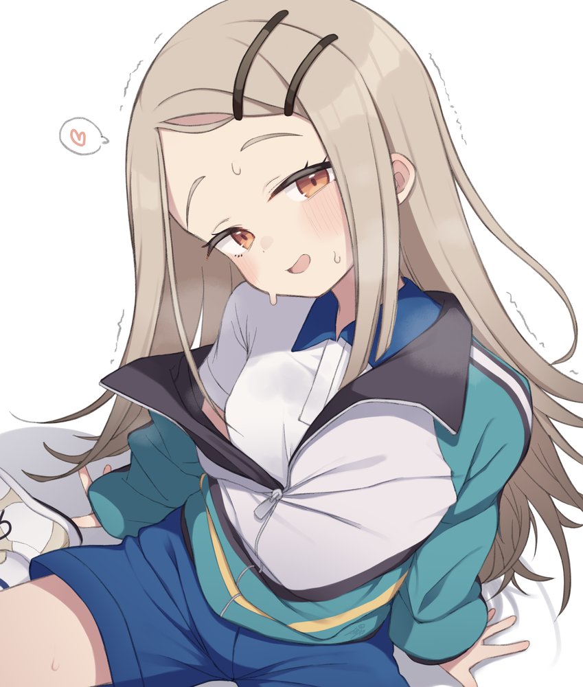 gamuo, shinosawa hiro, gakuen idolmaster, idolmaster, 1girl, blush, grey hair, heart, jacket, long hair, looking at viewer, open mouth, orange eyes, shorts, sitting, solo, spoken heart, steaming body, sweat, track jacket, trembling