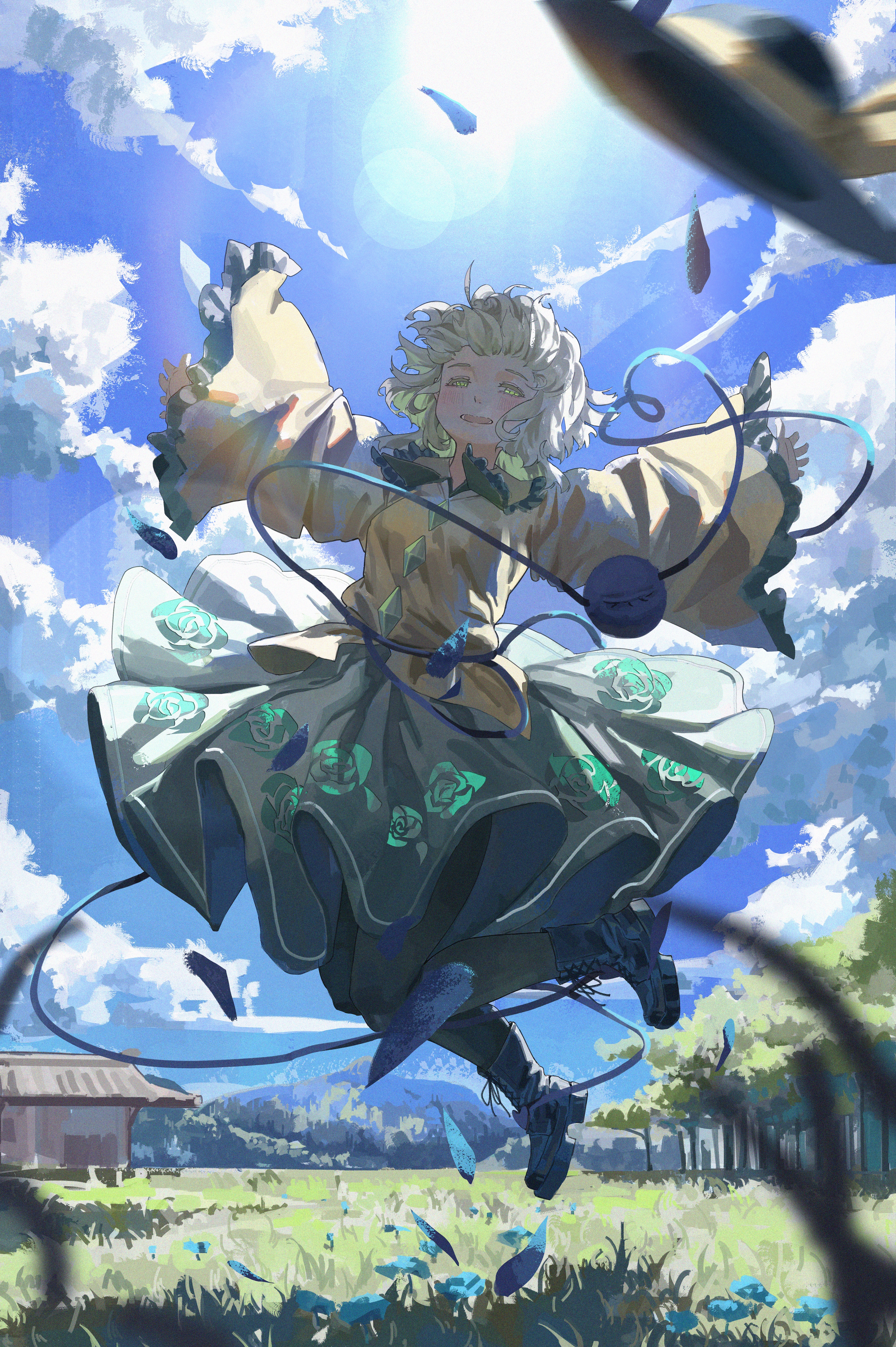 bruce 1354, komeiji koishi, touhou, absurdres, highres, 1girl, blonde hair, cloud, feathers, field, green skirt, heart, heart of string, jumping, open mouth, outdoors, shirt, short hair, skirt, sky, smile, solo, sunlight, third eye, wind, yellow shirt