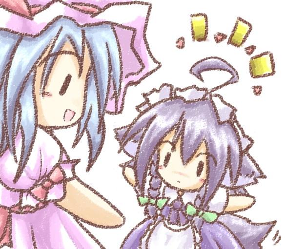 tilde (ice cube), inu sakuya (nejikirio), izayoi sakuya, remilia scarlet, touhou, bad id, bad pixiv id, 2girls, ahoge, animal ears, blue hair, braid, chibi, dog ears, female focus, hair ribbon, maid, multiple girls, ribbon, short hair, twin braids, white background