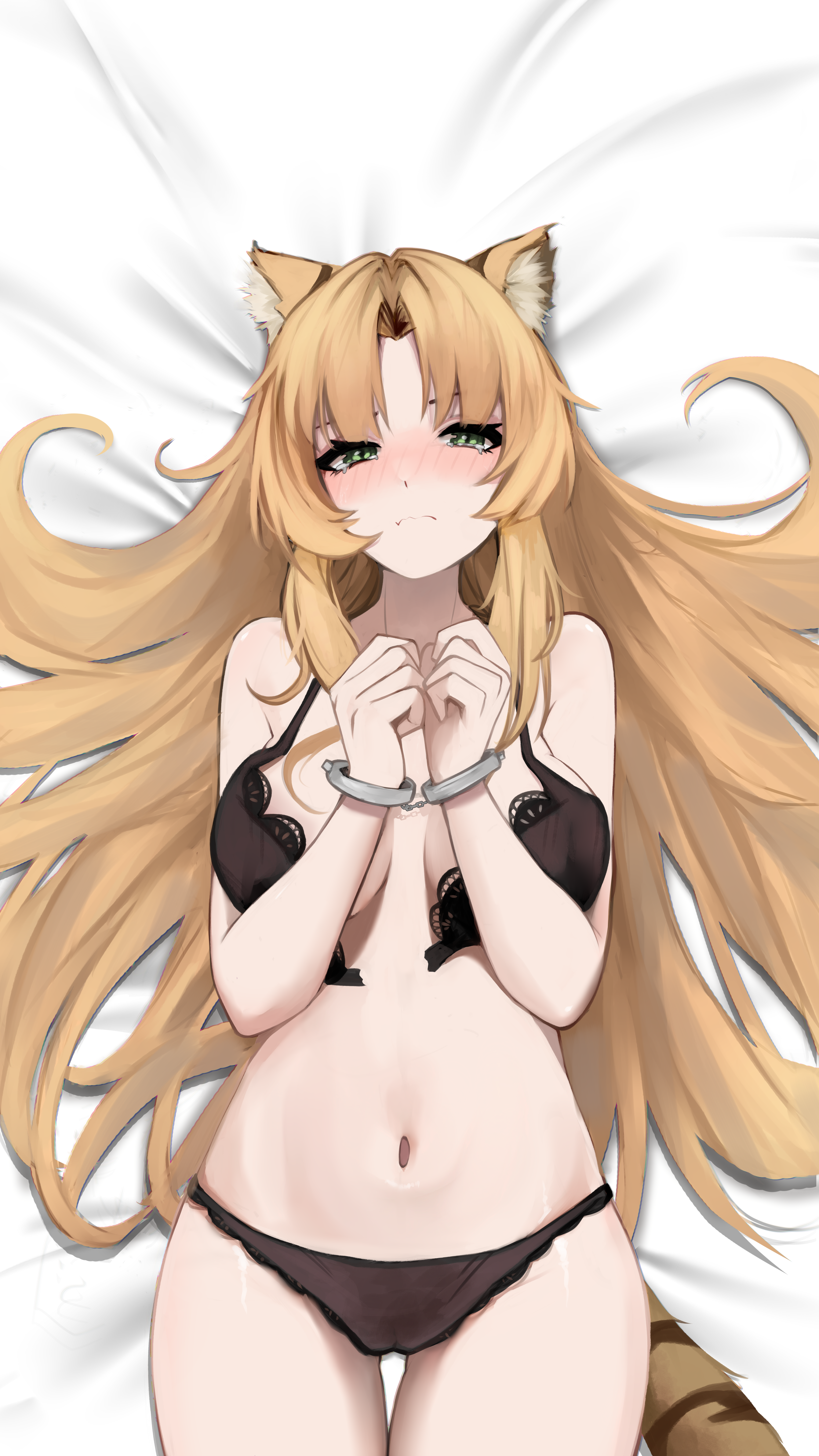 lavriell, swire (arknights), arknights, absurdres, commentary, english commentary, highres, 1girl, animal ear fluff, animal ears, bare shoulders, bed sheet, black bra, blonde hair, blush, bound, bound wrists, bra, breasts, cameltoe, cuffs, front-hook bra, green eyes, handcuffs, hands up, looking at viewer, lying, navel, on back, open bra, panties, sidelocks, solo, stomach, tail, tearing up, tears, thigh gap, tiger ears, tiger girl, tiger tail, underwear, undone bra