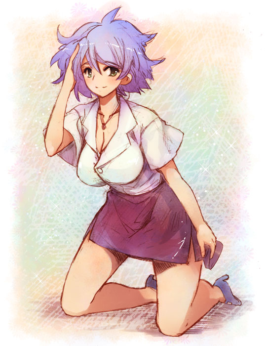 momiji mao, 1girl, blue hair, breasts, female focus, high heels, huge breasts, jewelry, kneeling, necklace, pencil skirt, ruffling hair, shoes, short hair, skirt, solo