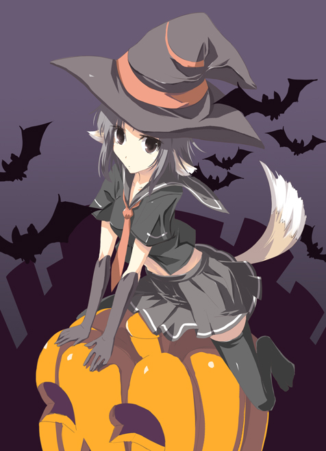 satomi (black scarecrow), 1girl, animal, bat (animal), black thighhighs, female focus, flying, hat, jack-o'-lantern, looking at viewer, necktie, pumpkin, red necktie, sailor collar, school uniform, serafuku, silhouette, solo, thighhighs, witch, witch hat, zettai ryouiki