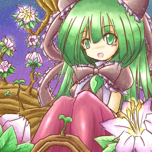 tilde (ice cube), kagiyama hina, touhou, bad id, bad pixiv id, lowres, 1girl, female focus, flower, front ponytail, green eyes, green hair, hair ribbon, long hair, matching hair/eyes, ribbon, solo