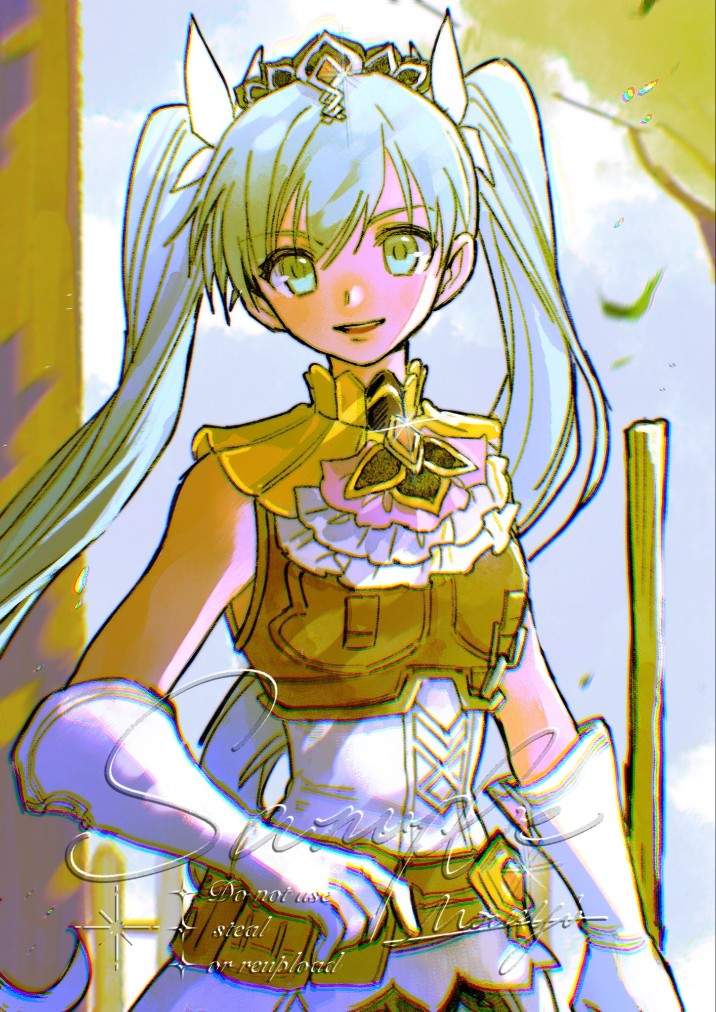 mouyi, frey (rune factory), rune factory, rune factory 4, highres, 1girl, aqua eyes, aqua hair, armor, armored dress, artist name, breastplate, breasts, chest jewel, dress, falling leaves, gloves, hair between eyes, hair ornament, hair ribbon, leaf, leather armor, long hair, looking at viewer, medium breasts, parted lips, ribbon, sample watermark, smile, solo, sparkle, twintails, upper body, watermark, white gloves, white ribbon